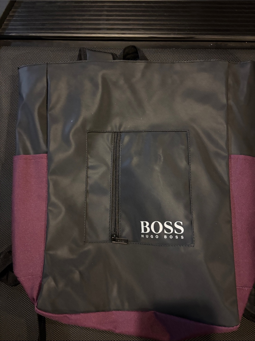 Hugo Boss Black and Burgundy Logo Front-Zip Backpack